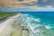 Amazing aerial view of icelandic beach with azure water streams and yellow sand