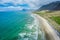 Amazing aerial view of icelandic beach with azure water streams and yellow sand