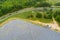 Amazing aerial view of solar panels stand in a row in green energy landscape electrical power