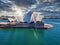 Amazing aerial view of Sydney city, the harbor bridge and the modern building of the Opera house