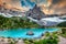 Amazing alpine landscape with turquoise glacier lake, Sorapis, Dolomites, Italy