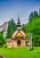 Amazing alpine scenery with small chapel at Lago di Braies Lake, Dolomite Alps, South Tyrol, Italy