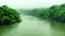 amazing amazon river with mist and forested area