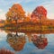 Amazing autumn landscape, forest lake with reflection.