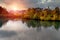 Amazing autumn landscape at sunset. View on Fussen town and Lech river. Bavaria. Southern Germany. Concept idyllic landscape pictu