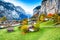 Amazing autumn landscape of touristic alpine village Lauterbrunnen