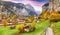Amazing autumn landscape of touristic alpine village Lauterbrunnen