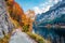 Amazing autumn scene of Vorderer / Gosausee lake. Gorgeous morning view of Austrian Alps, Upper Austria, Europe. Beauty of nature