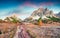 Amazing autumn view from top of Falzarego pass with Lagazuoi mountain range. Colorful morning scene of Dolomite Alps, Cortina di A