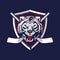 Amazing and awesome TIGER head cartoon with shield for hockey team logo vector template