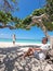 Amazing Baby Beach and coast on Aruba, Caribbean, white beach with blue ocean tropical beach, couple man and woman mid