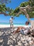 Amazing Baby Beach and coast on Aruba, Caribbean, white beach with blue ocean tropical beach, couple man and woman mid