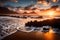 Amazing beach sunset and incredible foamy waves. Volcanic hills in the background