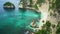 Amazing beautiful and idyllic scenic view at tropical island paradise beach with Diamond shape rock cliff and turquoise sea water