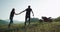 In amazing beautiful landscape young couple arrived with their motorcycle and exploring the place in a summer hot day.