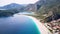 Amazing beautiful panoramic view from drone of Oludeniz Blue lagoon beach in Fethiye in Mugla