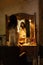 Amazing beautiful pregnant brunet woman portrait near wooden commode with mirror, Asian style