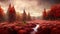 Amazing bright red autumn landscape, idyllic and peaceful beautiful nature scenery. Digital art.