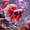 amazing bright red-lilac Betta fish male around air bubbles and flowers in nice light. close up. Ai generated