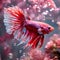 amazing bright red-lilac Betta fish male around air bubbles and flowers in nice light. close up. Ai generated