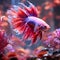 amazing bright red -orange- lilac Betta fish male posing against nice colorful background. close up. Ai generated