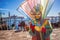 Amazing carnival mask against gondolas in Venice, Italy