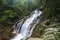 Amazing cascading tropical waterfall. wet and mossy rock, surrounded by green rain forest