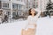 Amazing charming young woman in white woolen sweater, beige light skirt walking on street full with snow. Cheerful mood