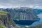 Amazing cliff over the Ringedalsvatnet lake in Trolltunga mounatin area,  Norway