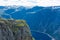 Amazing cliff over the Ringedalsvatnet lake in Trolltunga mounatin area,  Norway