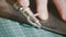 Amazing close-up shot of hands cutting rough edge of small piece of leather on a special table with professional tool.