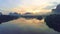 Amazing clouds of dense fog move flowing over mountain sunrise or sunset sky fog scenic aerial view. Drone flies over sky
