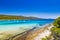 Amazing coastline in Croatia. Turquoise lagoon on Sakarun beach on Dugi Otok island, yachts and sailboats