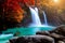 The amazing colorful waterfall in autumn forest blue water and colorful rain forest.