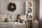 Amazing composition on white design shelf with christmas decoration, lights, gifts, lanterns, deer, candles, stars, round wreath