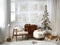 Amazing and cozy christmas living room interior with shelf, boucle armchair, pouf, mock up poster, christmas tree, gifts,