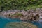 Amazing crystalline blue water of Tamul waterfall, Close up view of spectacular Tamul River,at Huasteca Potosina in San Luis