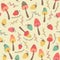 Amazing cute seamless vintage colorful mushrooms strawberry pattern