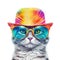 Amazing cutie cat wearing colorful rainbow summer hat and blue sunglasses isolated over white background. Created with generative