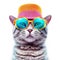 Amazing cutie cat wearing colorful rainbow summer hat and blue sunglasses isolated over white background. Created with generative