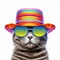 Amazing cutie cat wearing colorful rainbow summer hat and sunglasses isolated over white background. Created with generative Ai