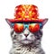 Amazing cutie cat wearing colorful summer hat and sunglasses isolated over white background. Created with generative Ai