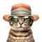 Amazing cutie cat wearing colorful summer hat and sunglasses isolated over white background. Created with generative Ai