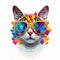 Amazing cutie cat wearing colorful sunglasses isolated over white background. Created with generative Ai