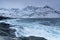 Amazing day in Mountains And Fjords, Winter Landscape, Norway Clouds sky on the Norwegian Alps and the blue hour begins in range.