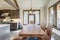 Amazing dining room near modern and rustic luxury kitchen with vaulted ceiling and wooden beams, long island with white quarts