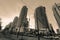 Amazing dramatic, monochrome view of Toronto down town area with modern stylish buildings, cars and people walking in background