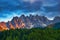 Amazing dramatic mountains dolomites peaks at sunset in summer.