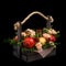 Amazing edible anniversary gift in the form of a wooden box filled with roses and different fruits on a black background