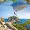 Amazing fantastic unreal world, collage with landmarks of Ischia Island, Italy